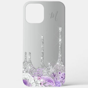 Paarse florale zilverglitter druppelt monogram Case-Mate iPhone case