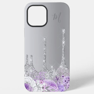 Paarse florale zilverglitter druppelt monogram iPhone 12 pro max hoesje