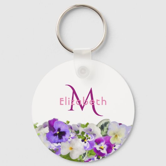 Paarse floralen witte monogram elegant sleutelhanger (Voorkant)