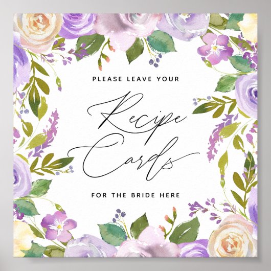 Paarse Florals Calligrafie Script Recipcard Sign Poster (Voorkant)