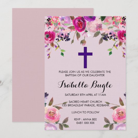 Paarse floreel baptisme/Christening Invitation Gir Kaart (Voorkant / Achterkant)