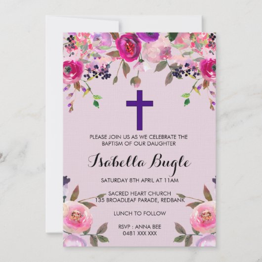 Paarse floreel baptisme/Christening Invitation Gir Kaart (Voorkant)