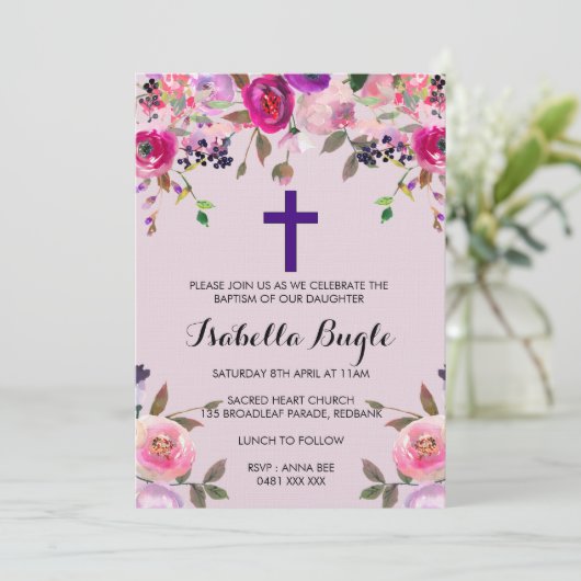 Paarse floreel baptisme/Christening Invitation Gir Kaart (Staand voorkant)
