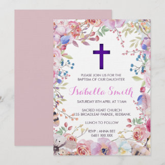 Paarse floreel baptisme/Christening Invitation Gir Kaart