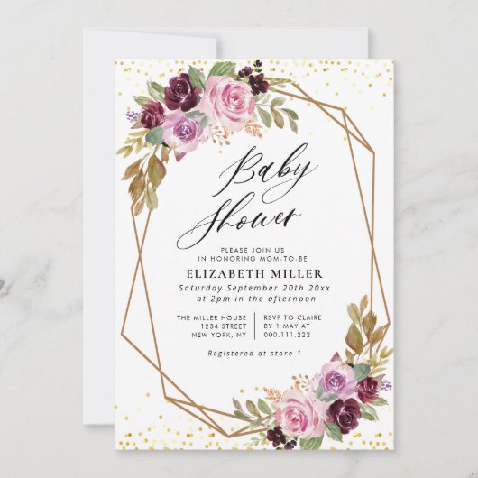 Paarse florscript baby shower uitnodiging (Voorkant)