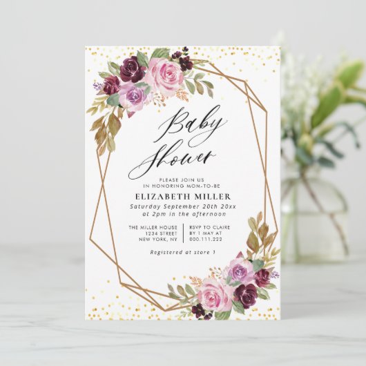 Paarse florscript baby shower uitnodiging (Staand voorkant)