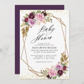 Paarse florscript baby shower uitnodiging (Voorkant / Achterkant)