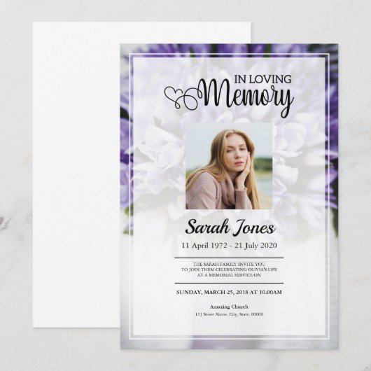 Paarse Flower Bouquet Funeral Announcement Kaart (Voorkant / Achterkant)