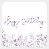 Paarse Flower Happy Birthday Square Stickers (Voorkant)