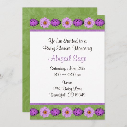 Paarse Flower & Ladybug Baby shower Uitnodiging (Voorkant / Achterkant)