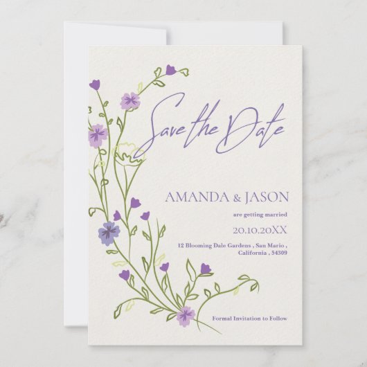 Paarse Flower Lijst Elegante bruiloft Save the Dat Save The Date (Voorkant)