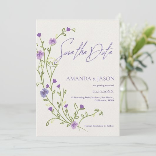 Paarse Flower Lijst Elegante bruiloft Save the Dat Save The Date (Staand voorkant)