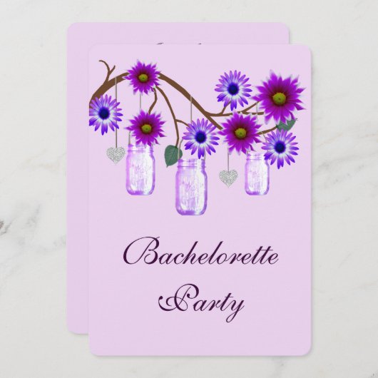 Paarse Flower Mason Jars Bachelorette Party nodigt Kaart (Voorkant / Achterkant)