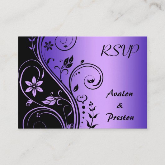 Paarse Flower Scrollwork RSVP Wedding Kaart (Voorkant)