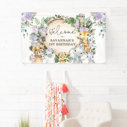 Paarse Flower Wild Safari Animals Verjaardag Welko Spandoek (Insitu)