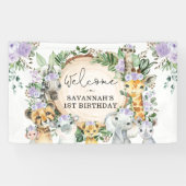 Paarse Flower Wild Safari Animals Verjaardag Welko Spandoek (Horizontaal)