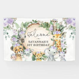 Paarse Flower Wild Safari Animals Verjaardag Welko Spandoek