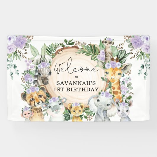 Paarse Flower Wild Safari Animals Verjaardag Welko Spandoek (Horizontaal)