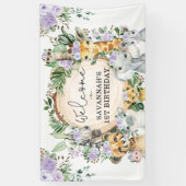 Paarse Flower Wild Safari Animals Verjaardag Welko Spandoek (Verticaal)