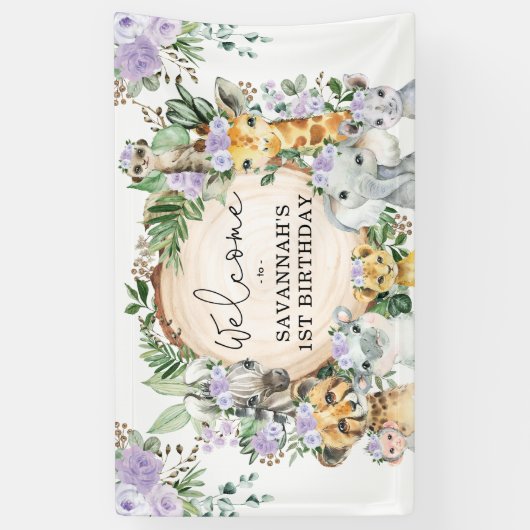 Paarse Flower Wild Safari Animals Verjaardag Welko Spandoek (Verticaal)