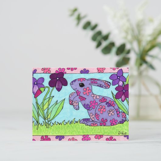 Paarse Flowered Bunny Briefkaart (Staand voorkant)