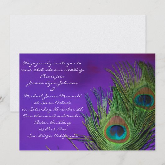 Paarse Foil Peacock Wedding Kaart (Voorkant / Achterkant)