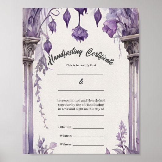 Paarse Foliage Floral Arch Handfasting Certificaat Poster (Voorkant)