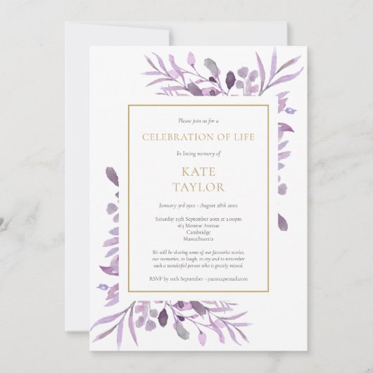 Paarse Foliage Gold Viering van het Leven Begrafen Kaart (Voorkant)