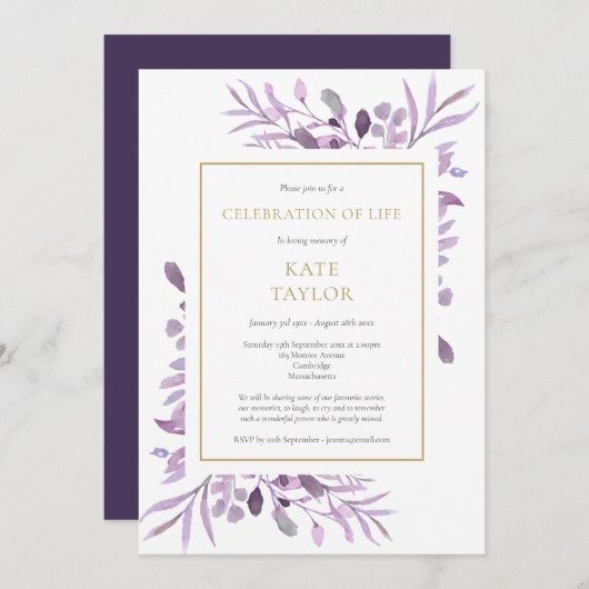 Paarse Foliage Gold Viering van het Leven Begrafen Kaart (Voorkant / Achterkant)