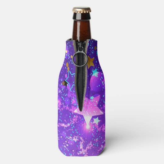 Paarse folie achtergrond met sterren flesjeskoeler (Fles Achterkant)