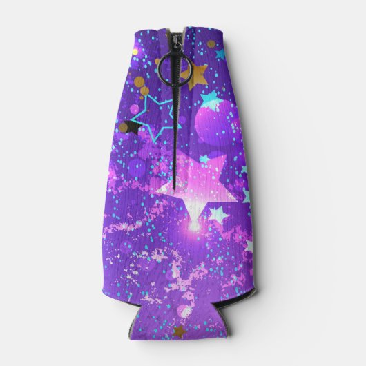 Paarse folie achtergrond met sterren flesjeskoeler (Achterkant)