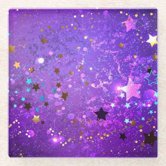 Paarse folie achtergrond met sterren glazen onderzetter (Voorkant)