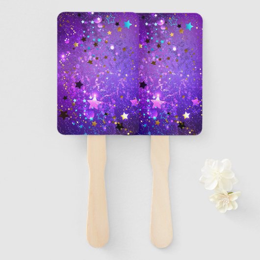 Paarse folie achtergrond met sterren handwaaier (Voorkant en achterkant)