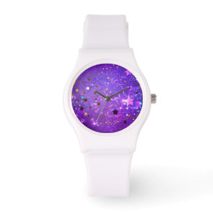 Paarse folie achtergrond met sterren horloge