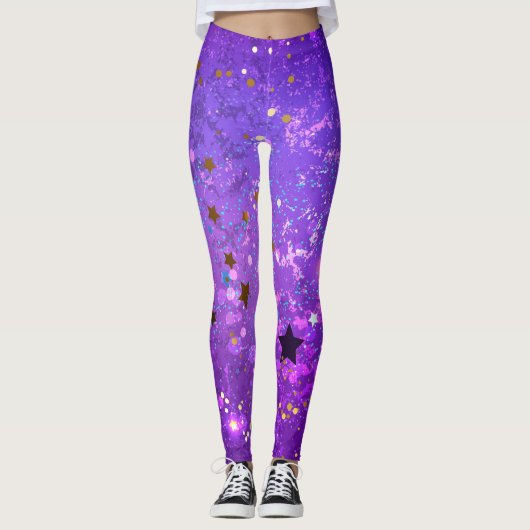 Paarse folie achtergrond met sterren leggings (Voorkant)