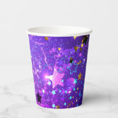 Paarse folie achtergrond met sterren papieren bekers (Achterkant)