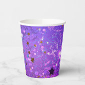 Paarse folie achtergrond met sterren papieren bekers (Links)