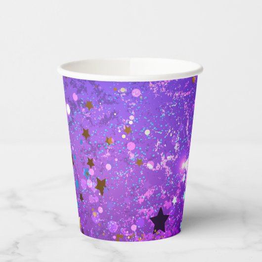 Paarse folie achtergrond met sterren papieren bekers (Links)