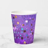 Paarse folie achtergrond met sterren papieren bekers (Voorkant)