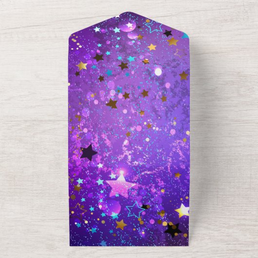 Paarse folieachtergrond met sterren all in one uitnodiging (Buitenkant)