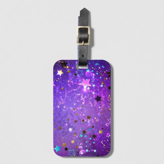 Paarse folieachtergrond met sterren bagagelabel (Voorkant (verticaal))
