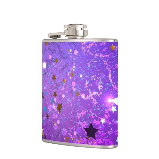 Paarse folieachtergrond met sterren heupfles (Links)