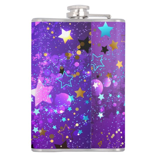 Paarse folieachtergrond met sterren heupfles (Achterkant)