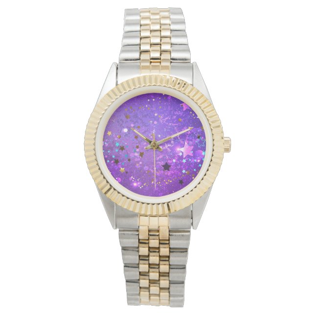 Paarse folieachtergrond met sterren horloge (Voorkant)