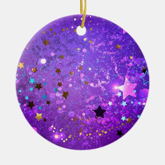 Paarse folieachtergrond met sterren keramisch ornament (Voorkant)
