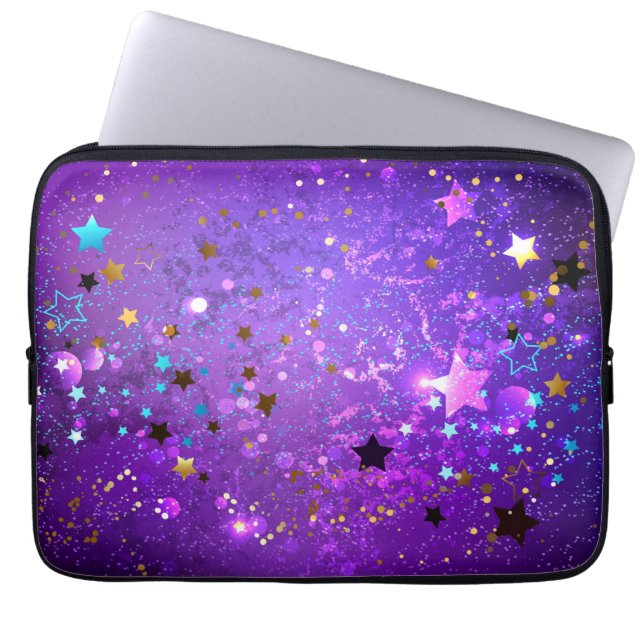 Paarse folieachtergrond met sterren laptop sleeve (Voorkant)