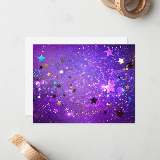 Paarse folieachtergrond met sterren notitiekaartje (Voorkant / Achterkant in situ)