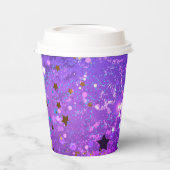 Paarse folieachtergrond met sterren papieren bekers (Links)
