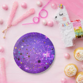 Paarse folieachtergrond met sterren papieren bordje (Feest)