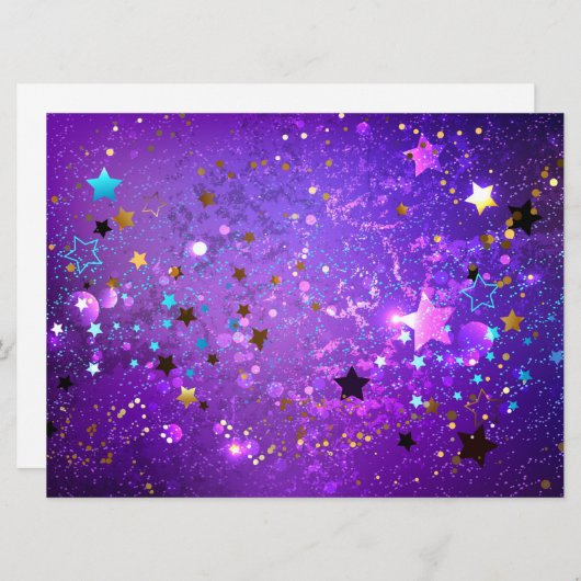 Paarse folieachtergrond met sterren save the date (Voorkant / Achterkant)